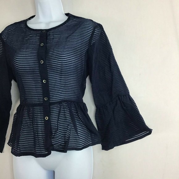 PAUL & JOE Sister Women's Blue Striped Mesh Front Button Blouse Top Size 3 L - Picture 3 of 11